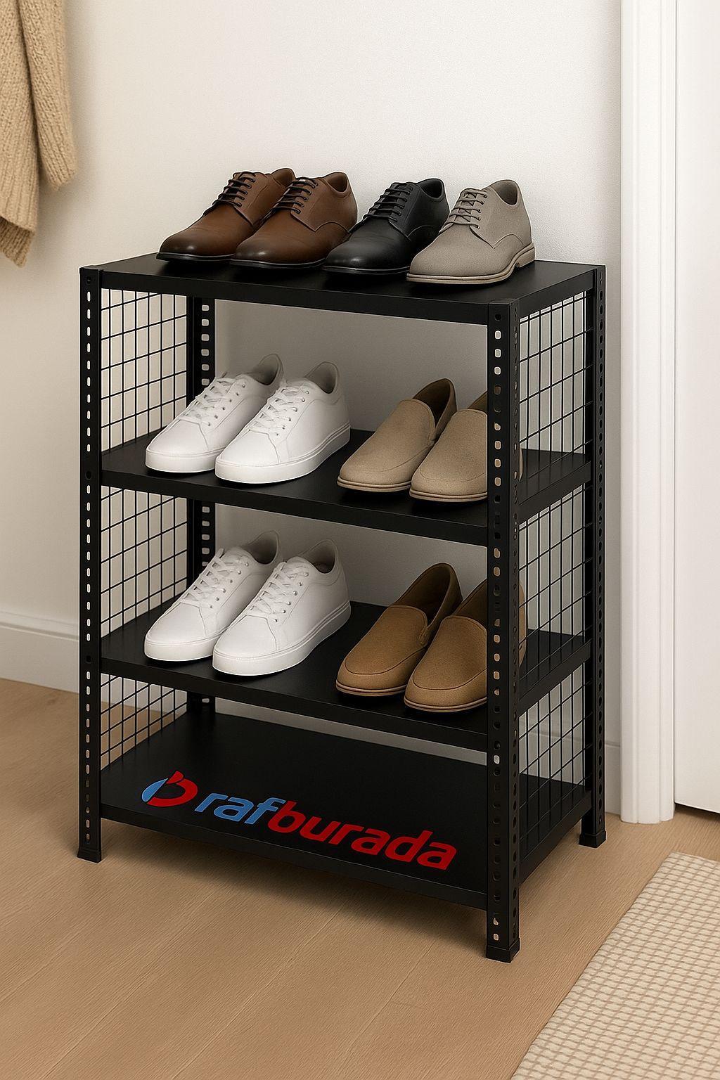 4 Katlı Renkli Tel Kafesli Çelik Ayakkabılık Rafı