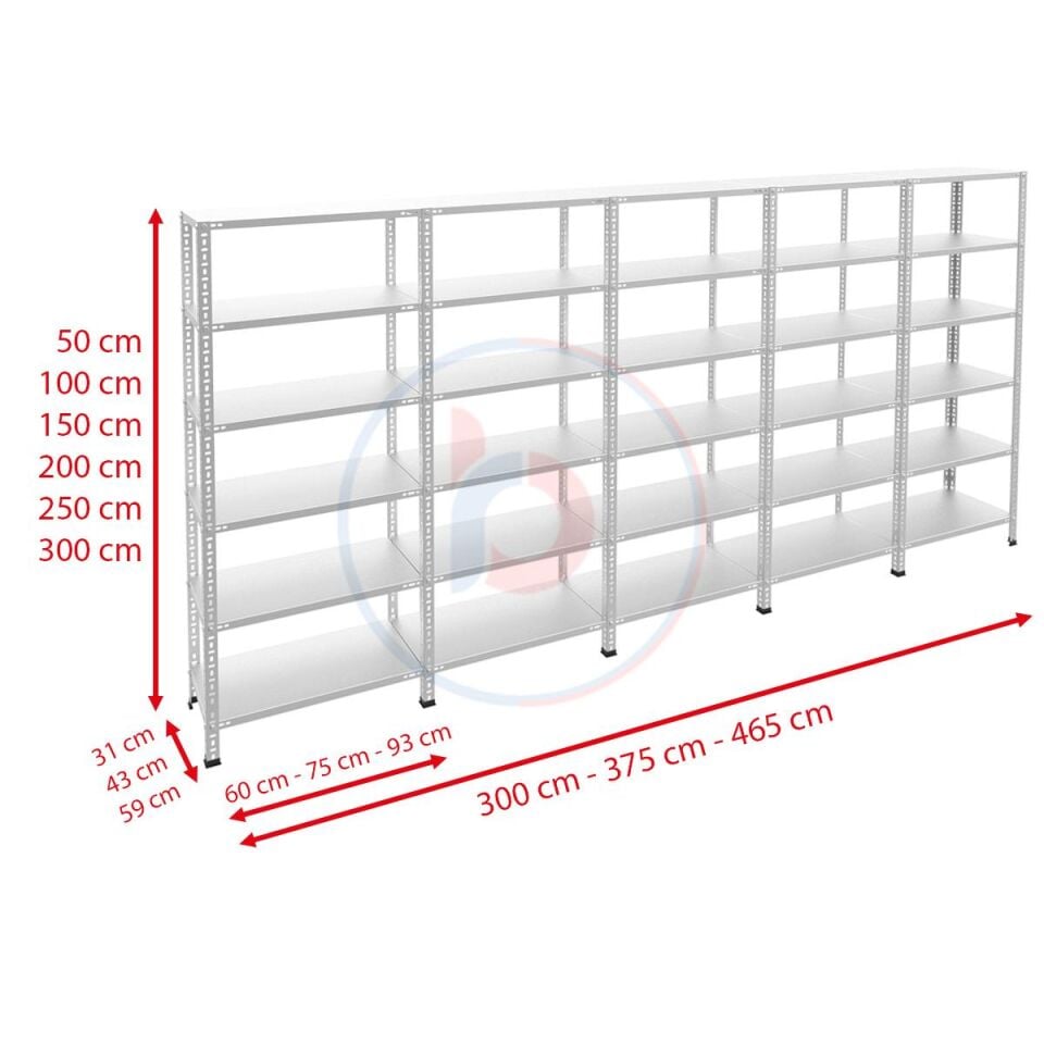 6 Katlı 5'li Galvaniz Çelik Raf - Depo, Arşiv, Kiler, Dosya, Market Rafı