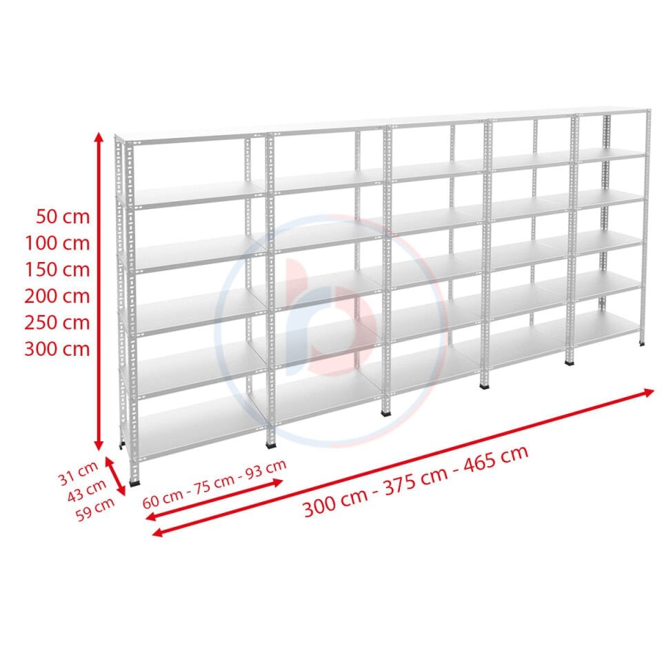 6 Katlı 5'li Bitişik Galvaniz Çelik Raf - Depo, Arşiv, Kiler, Dosya, Market, Bakkal Rafı