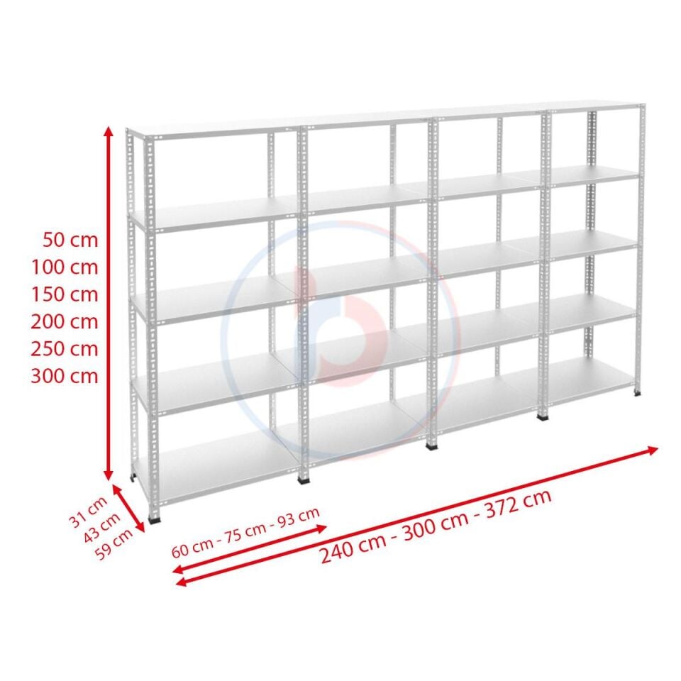 5 Katlı 4'lü Galvaniz Çelik Raf - Depo, Arşiv, Kiler, Dosya, Market Rafı