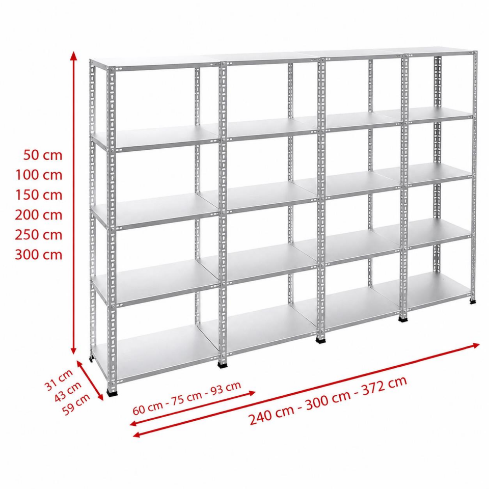 5 Katlı 4'lü Galvaniz Çelik Raf - Depo, Arşiv, Kiler, Dosya, Market Rafı