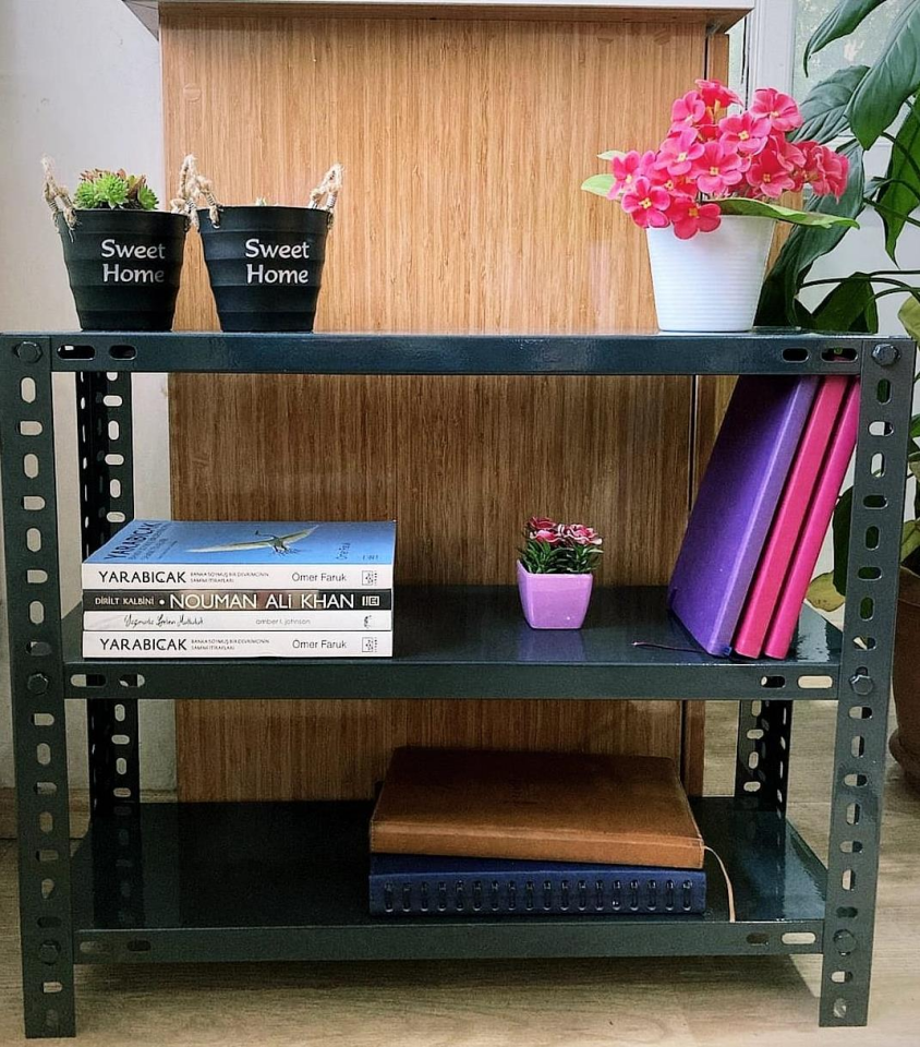 3 Katlı 20x60x50 Cm Siyah Dekoratif Çelik Raf - Depo, Arşiv, Kiler, Dosya, Market Rafı