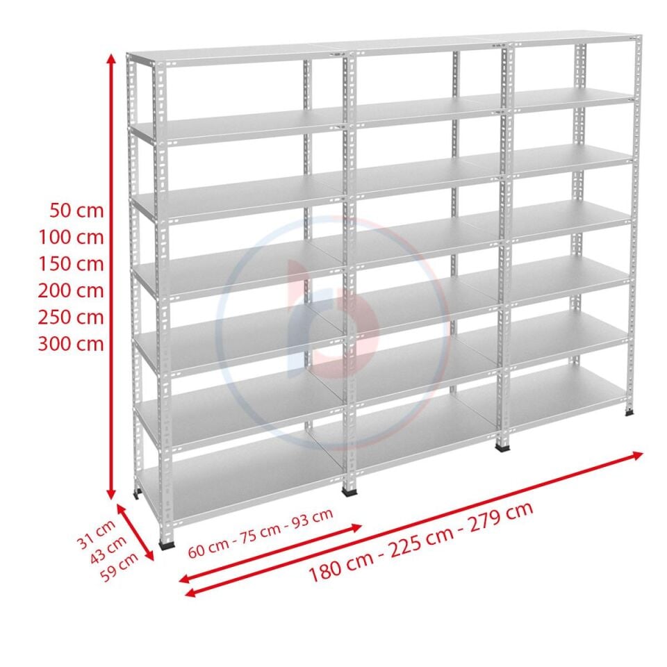 7 Katlı 3'lü Galvaniz Çelik Raf - Depo, Arşiv, Kiler, Dosya, Market Rafı