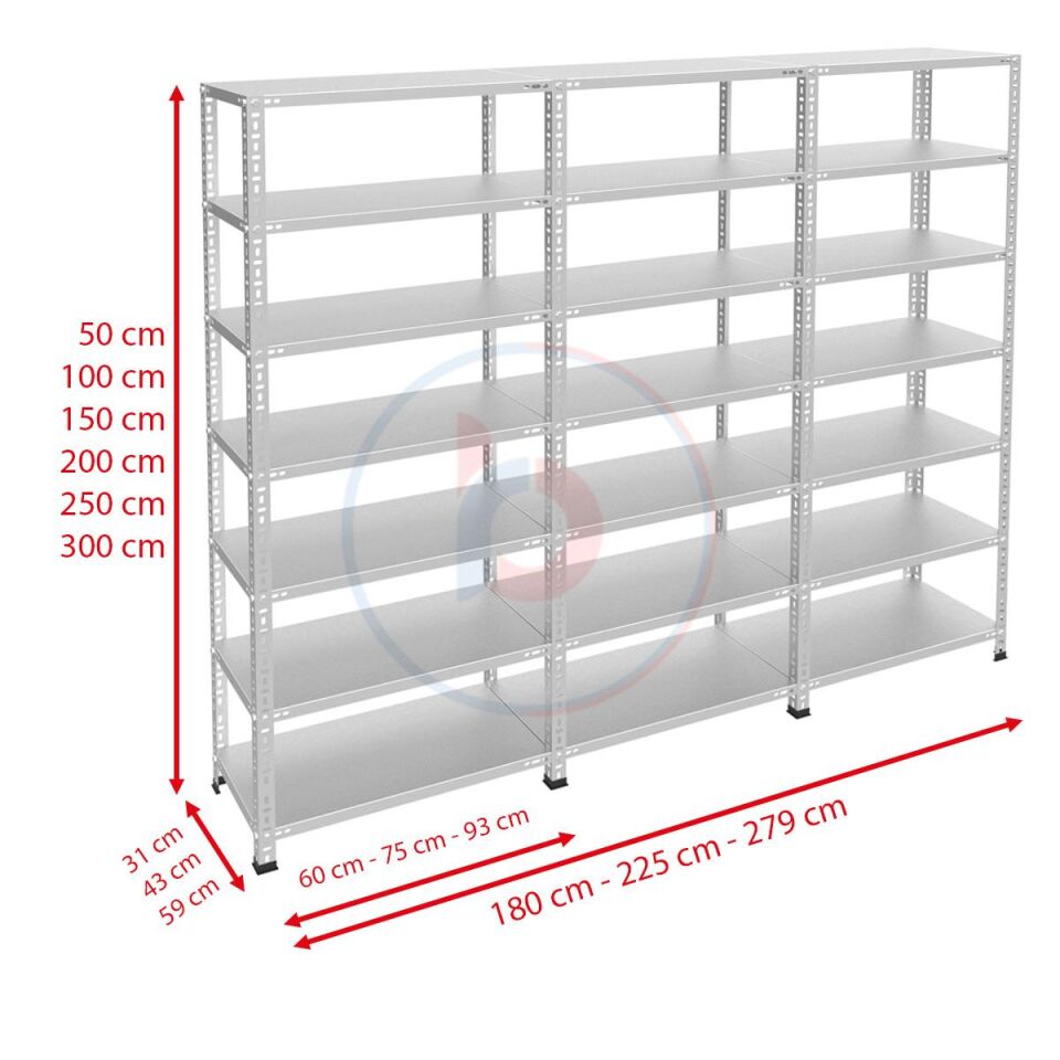 7 Katlı 3'lü Galvaniz Çelik Raf - Depo, Arşiv, Kiler, Dosya, Market Rafı