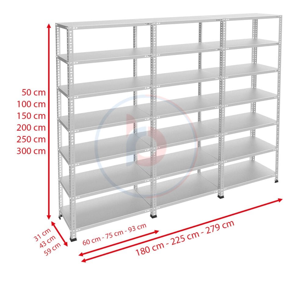 7 Katlı 3'lü Bitişik Galvaniz Çelik Raf - Depo, Arşiv, Kiler, Dosya, Market, Bakkal Rafı
