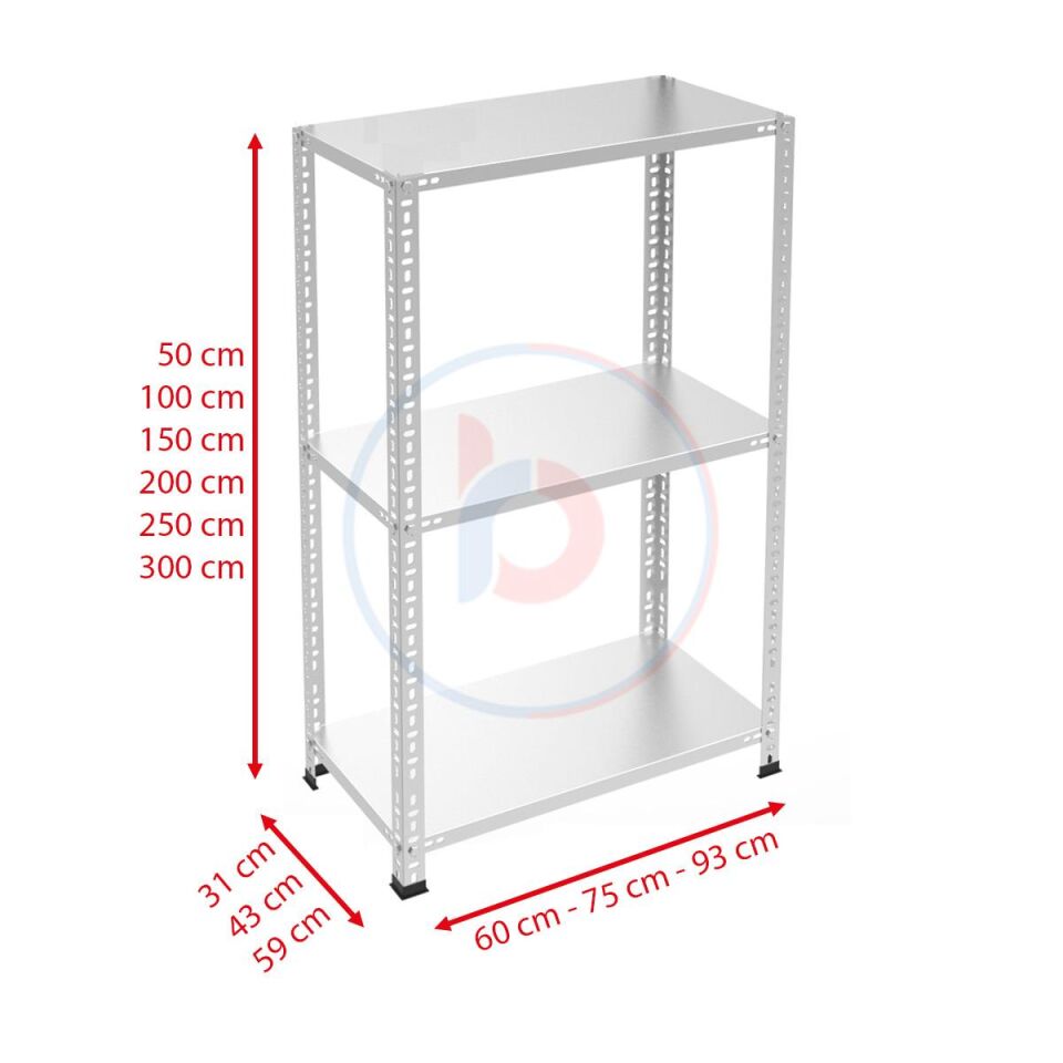 3 Katlı Galvaniz Çelik Raf - Depo, Arşiv, Kiler, Dosya, Market Rafı