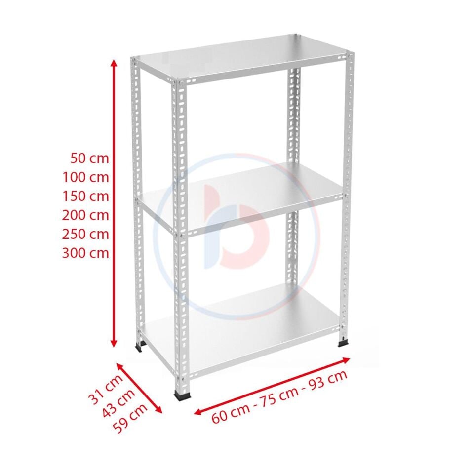 3 Katlı Galvaniz Çelik Raf - Depo, Arşiv, Kiler, Dosya, Market Rafı