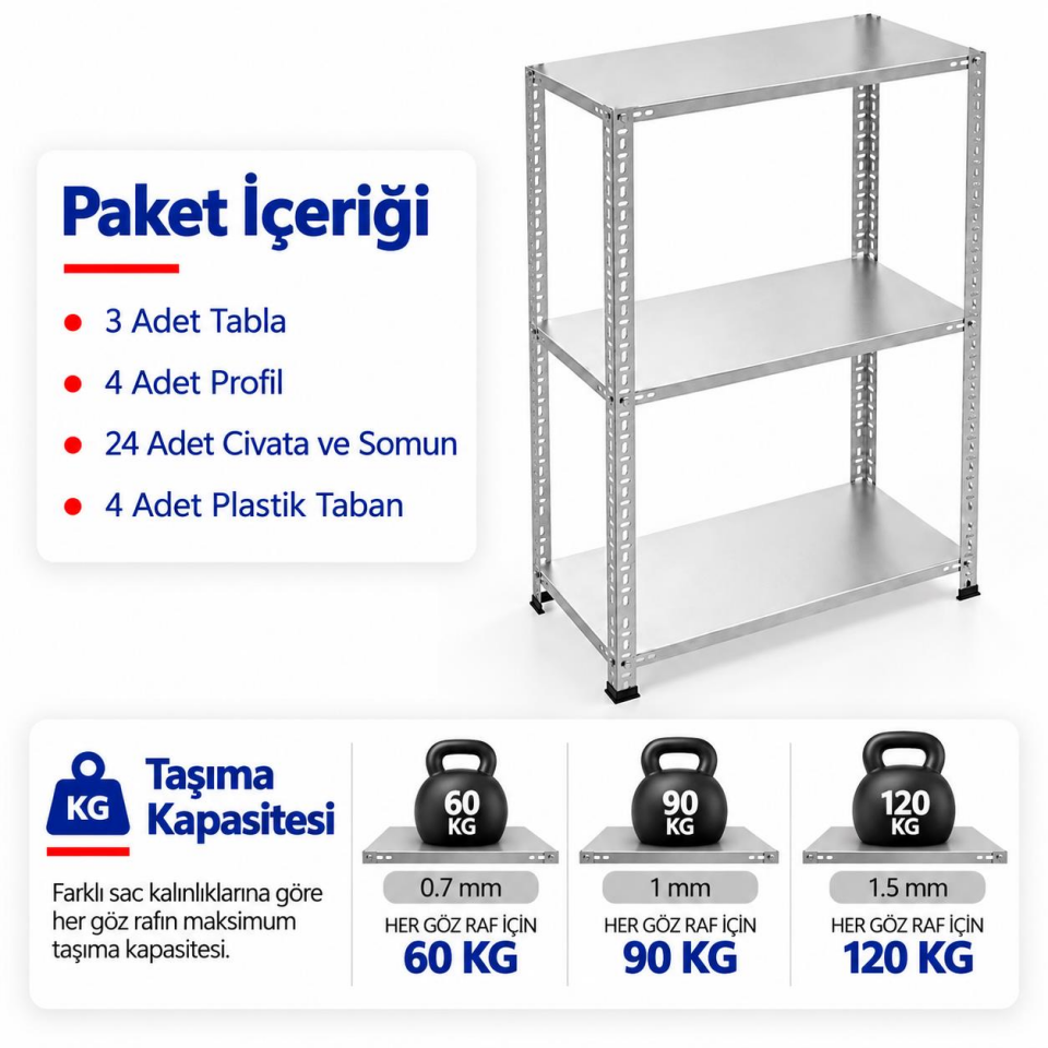 3 Katlı Galvaniz Çelik Raf - Depo, Arşiv, Kiler, Dosya, Market Rafı