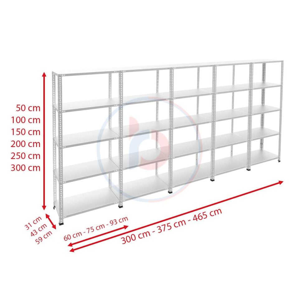 5 Katlı 5'li Galvaniz Çelik Raf - Depo, Arşiv, Kiler, Dosya, Market Rafı
