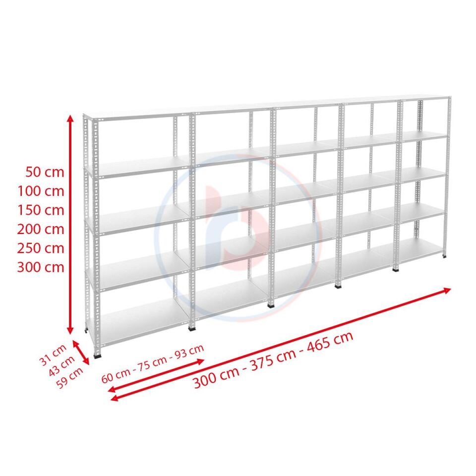 5 Katlı 5'li Galvaniz Çelik Raf - Depo, Arşiv, Kiler, Dosya, Market Rafı