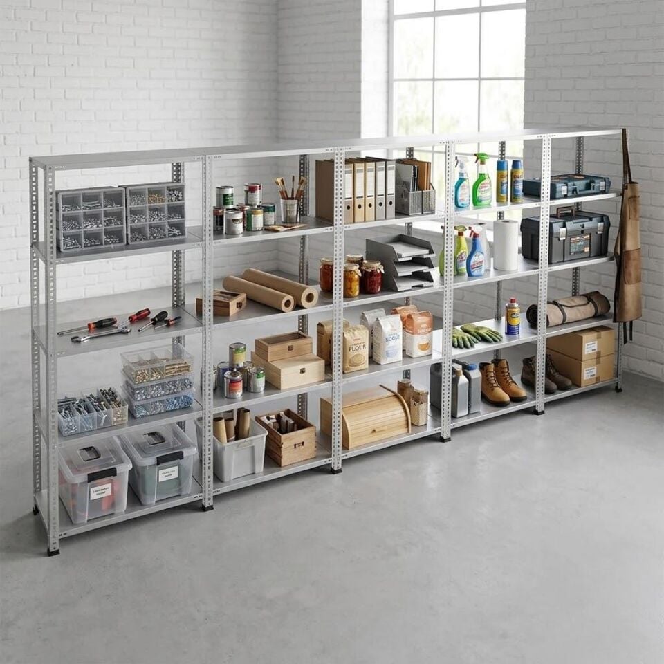 5 Katlı 5'li Galvaniz Çelik Raf - Depo, Arşiv, Kiler, Dosya, Market Rafı