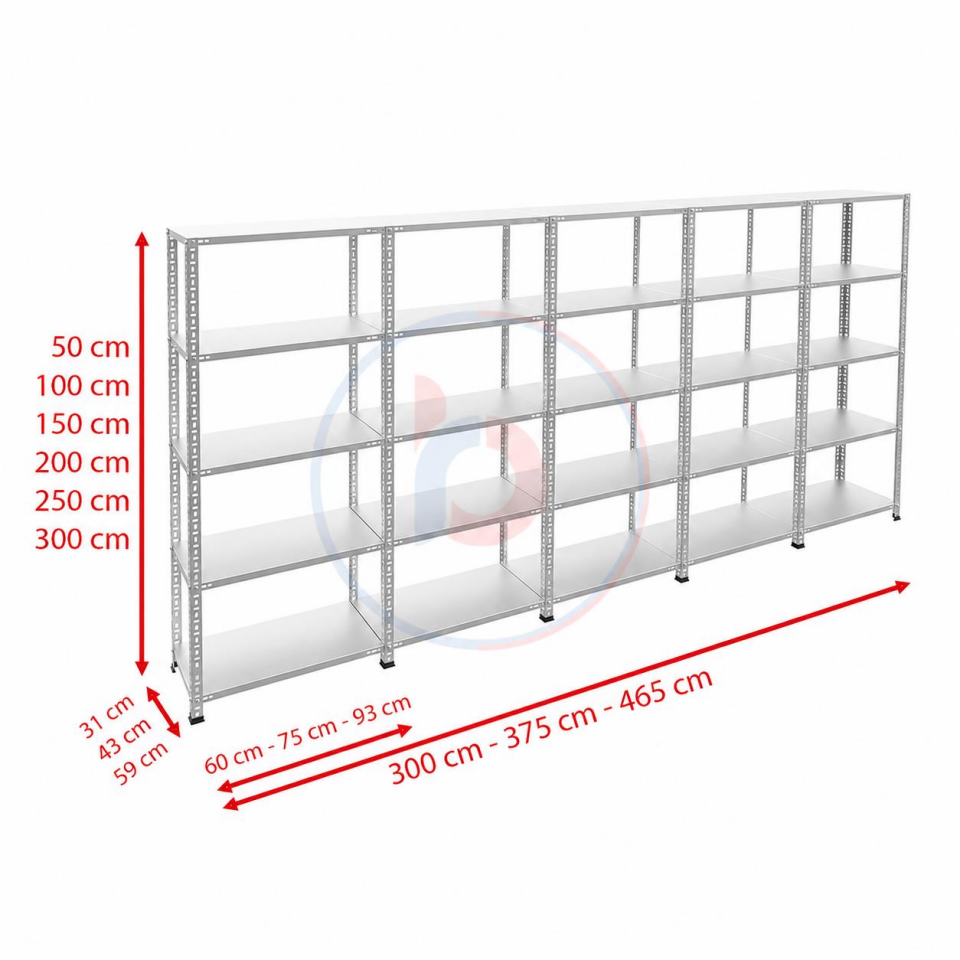 5 Katlı 5'li Galvaniz Çelik Raf - Depo, Arşiv, Kiler, Dosya, Market Rafı