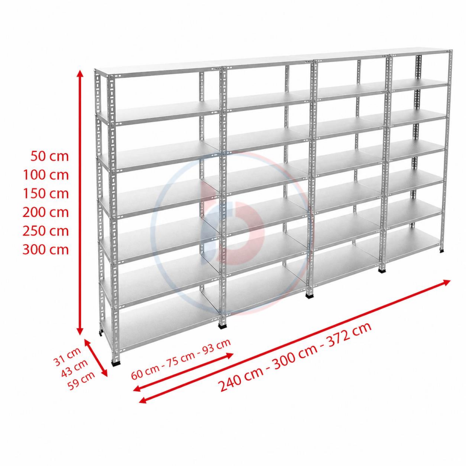 7 Katlı 4'lü Galvaniz Çelik Raf - Depo, Arşiv, Kiler, Dosya, Market Rafı