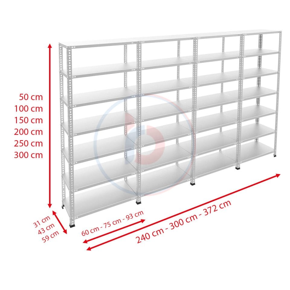 7 Katlı 4'lü Bitişik Galvaniz Çelik Raf - Depo, Arşiv, Kiler, Dosya, Market, Bakkal Rafı