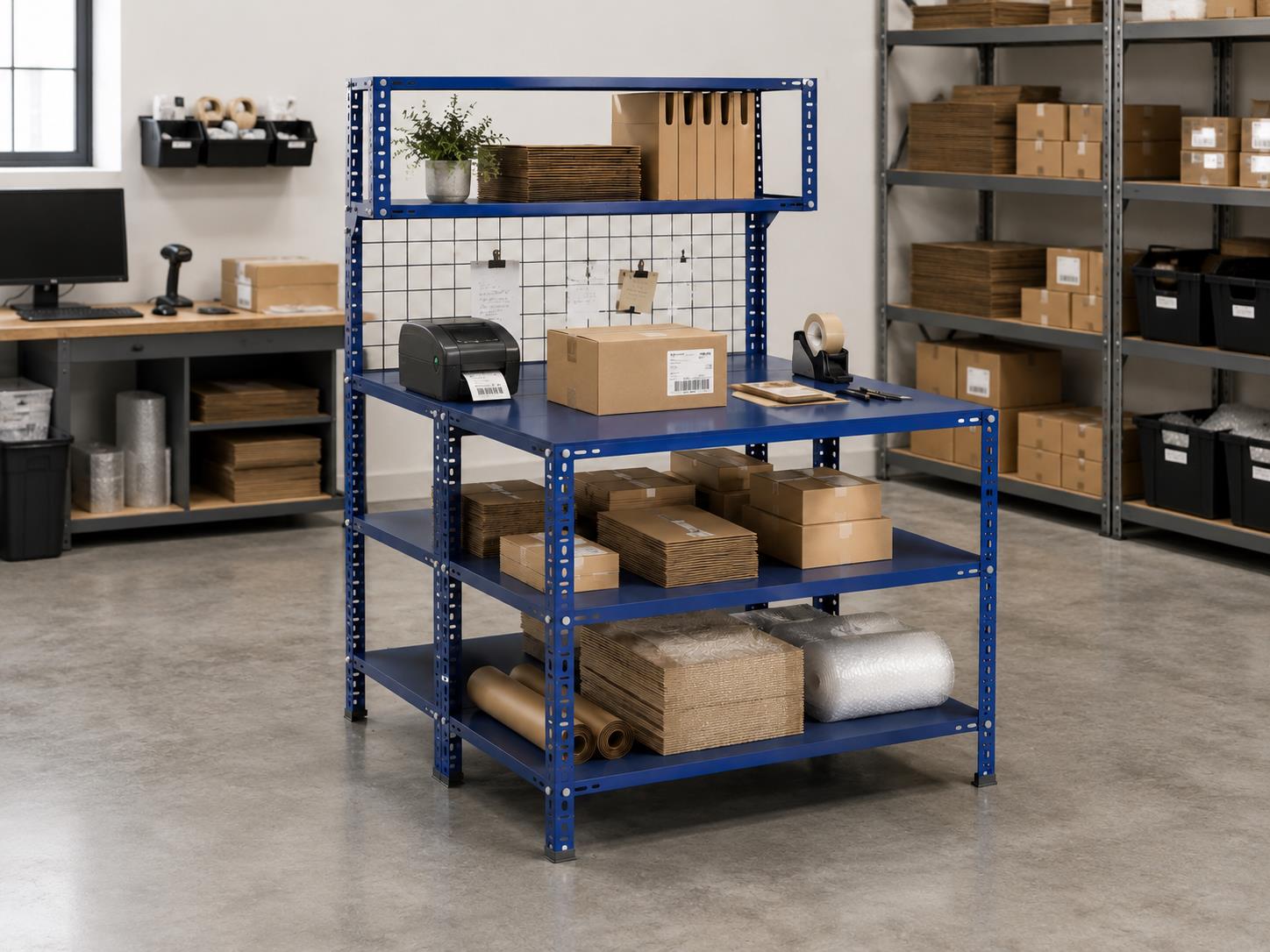 3 Katlı Duble Renkli Paketleme Masası 118x93 cm - 2 Raflı Tel Kafesli , Atölye, Depo, Hobi Çalışma Masası - Renk: Mavi