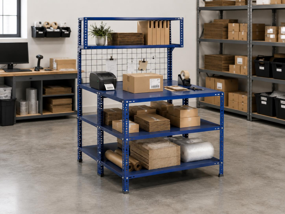 3 Katlı Duble Renkli Paketleme Masası 118x93 cm - 2 Raflı Tel Kafesli , Atölye, Depo, Hobi Çalışma Masası - Renk: Mavi