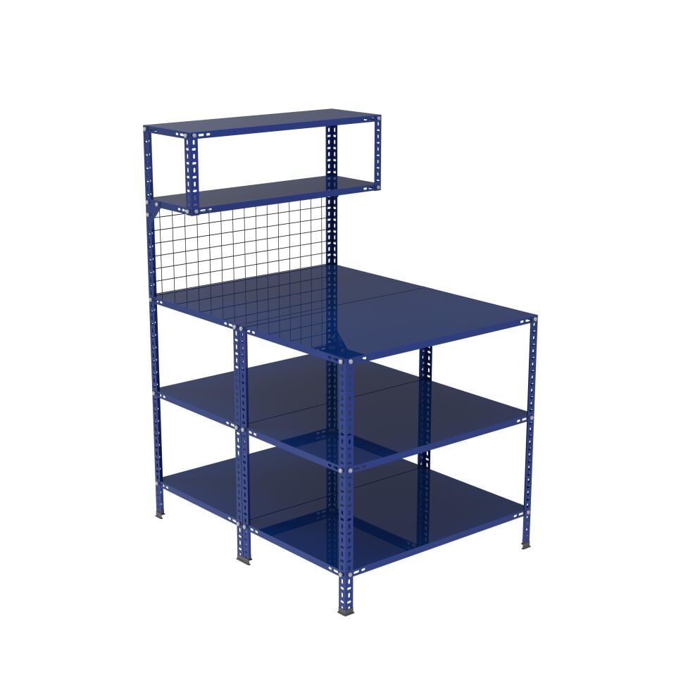 3 Katlı Duble Renkli Paketleme Masası 118x93 cm - 2 Raflı Tel Kafesli , Atölye, Depo, Hobi Çalışma Masası - Renk: Mavi