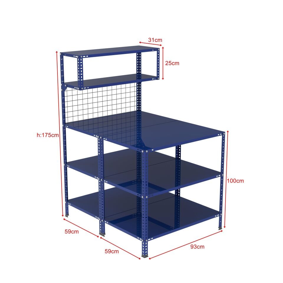 3 Katlı Duble Renkli Paketleme Masası 118x93 cm - 2 Raflı Tel Kafesli , Atölye, Depo, Hobi Çalışma Masası - Renk: Mavi