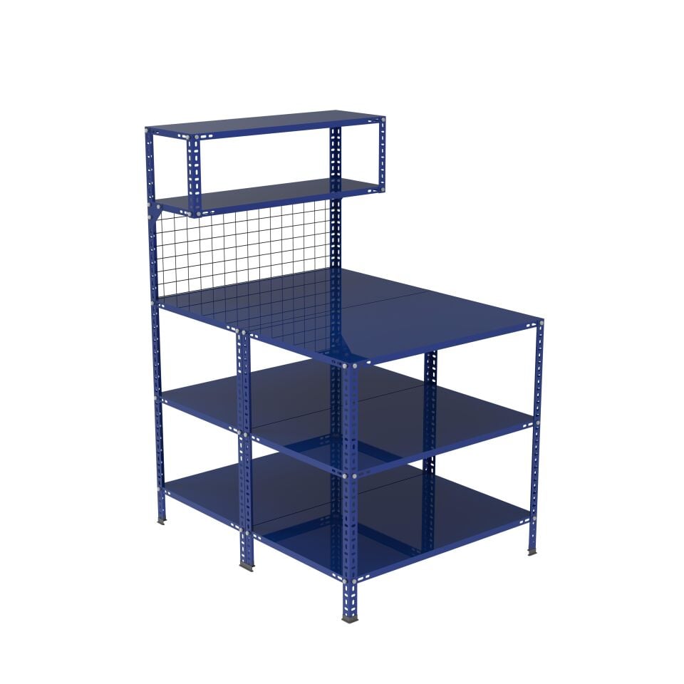 3 Katlı Duble Renkli Paketleme Masası 118x93 cm - 2 Raflı Tel Kafesli , Atölye, Depo, Hobi Çalışma Masası - Renk: Mavi