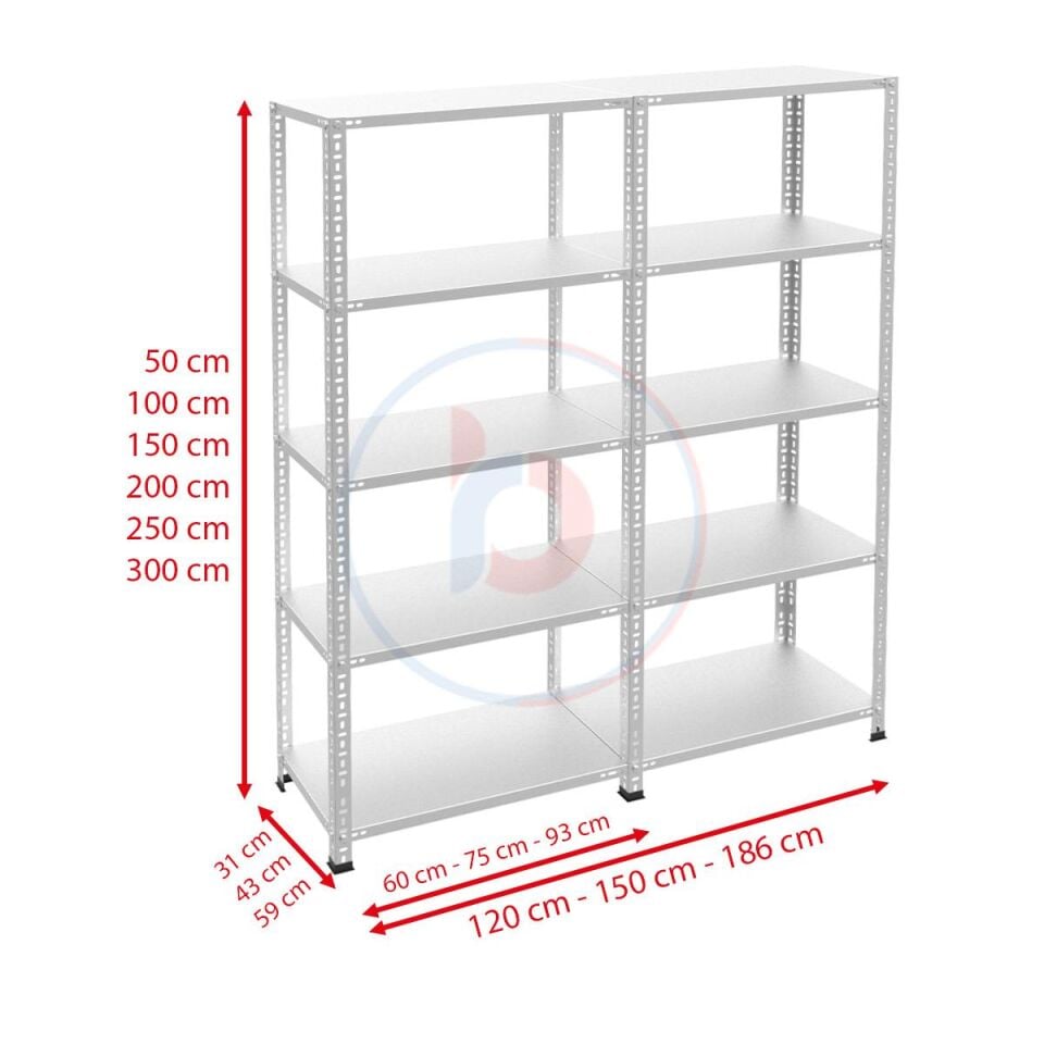 5 Katlı Duble Galvaniz Çelik Raf - Depo, Arşiv, Kiler, Dosya, Market Rafı