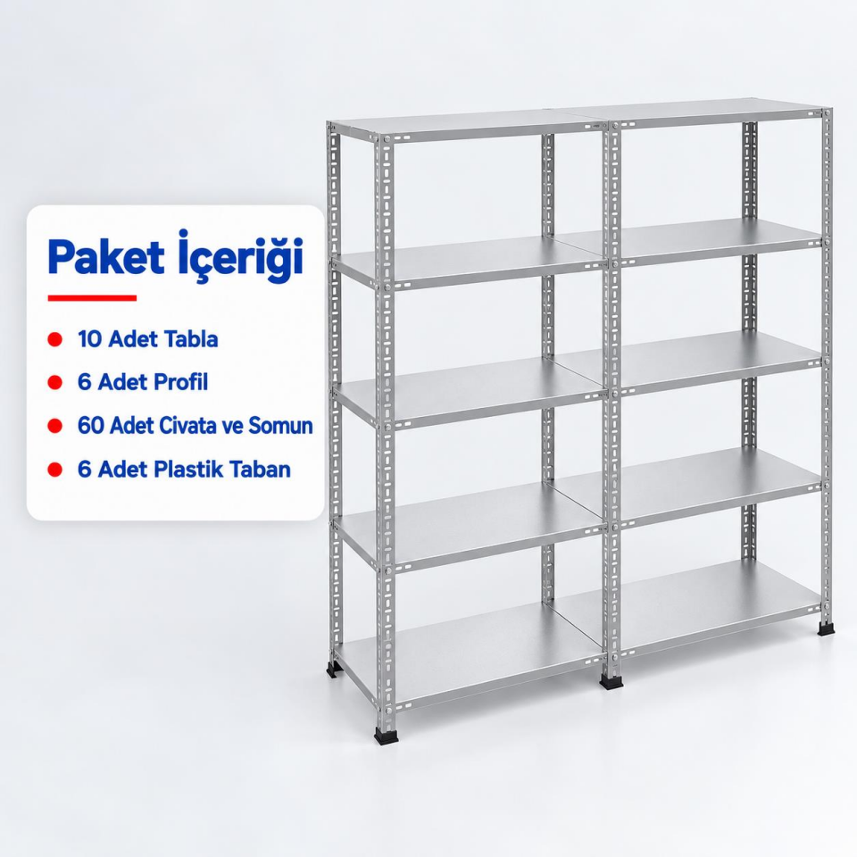 5 Katlı Duble Galvaniz Çelik Raf - Depo, Arşiv, Kiler, Dosya, Market Rafı