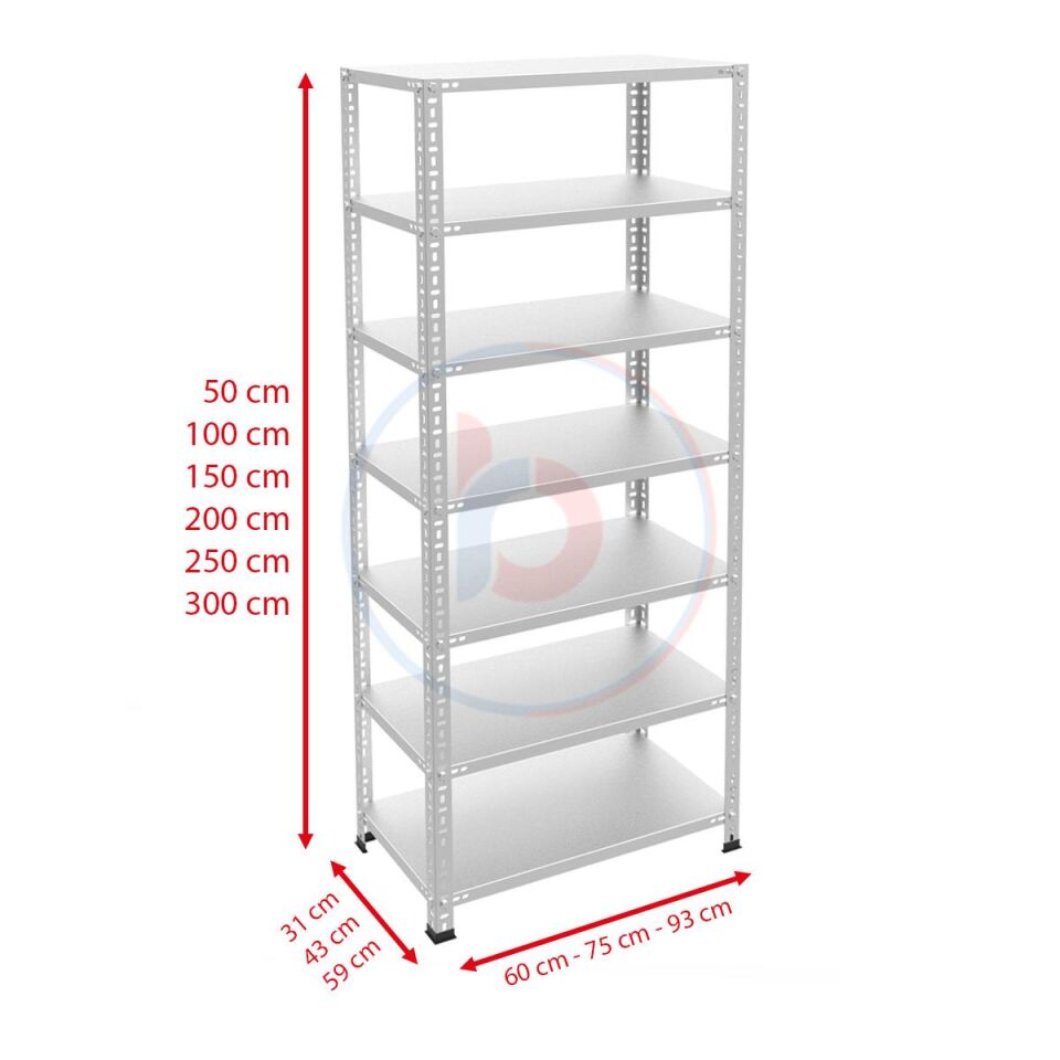7 Katlı Galvaniz Çelik Raf - Depo, Arşiv, Kiler, Dosya, Market Rafı