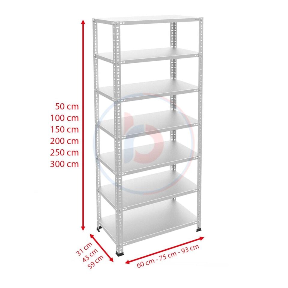7 Katlı Galvaniz Çelik Raf - Depo, Arşiv, Kiler, Dosya, Market Rafı 59x93 cm - 300 cm - 1.00 mm