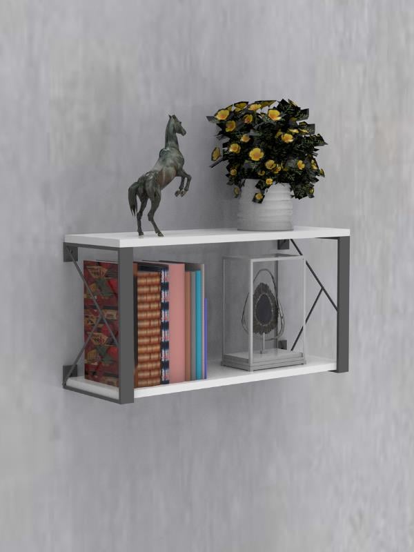 Dekoratif Beyaz Ahşap Raf - 2 Katlı, C Raf, Ahşap Duvar Rafı - 20x60 cm