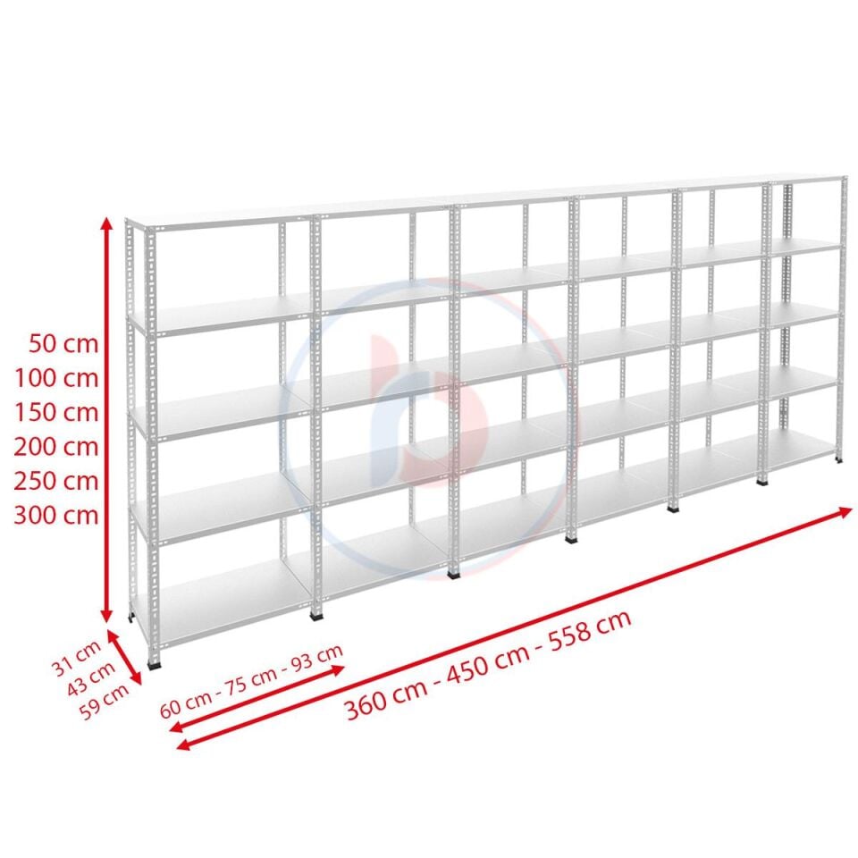 5 Katlı 6'lı Galvaniz Çelik Raf - Depo, Arşiv, Kiler, Dosya, Market Rafı