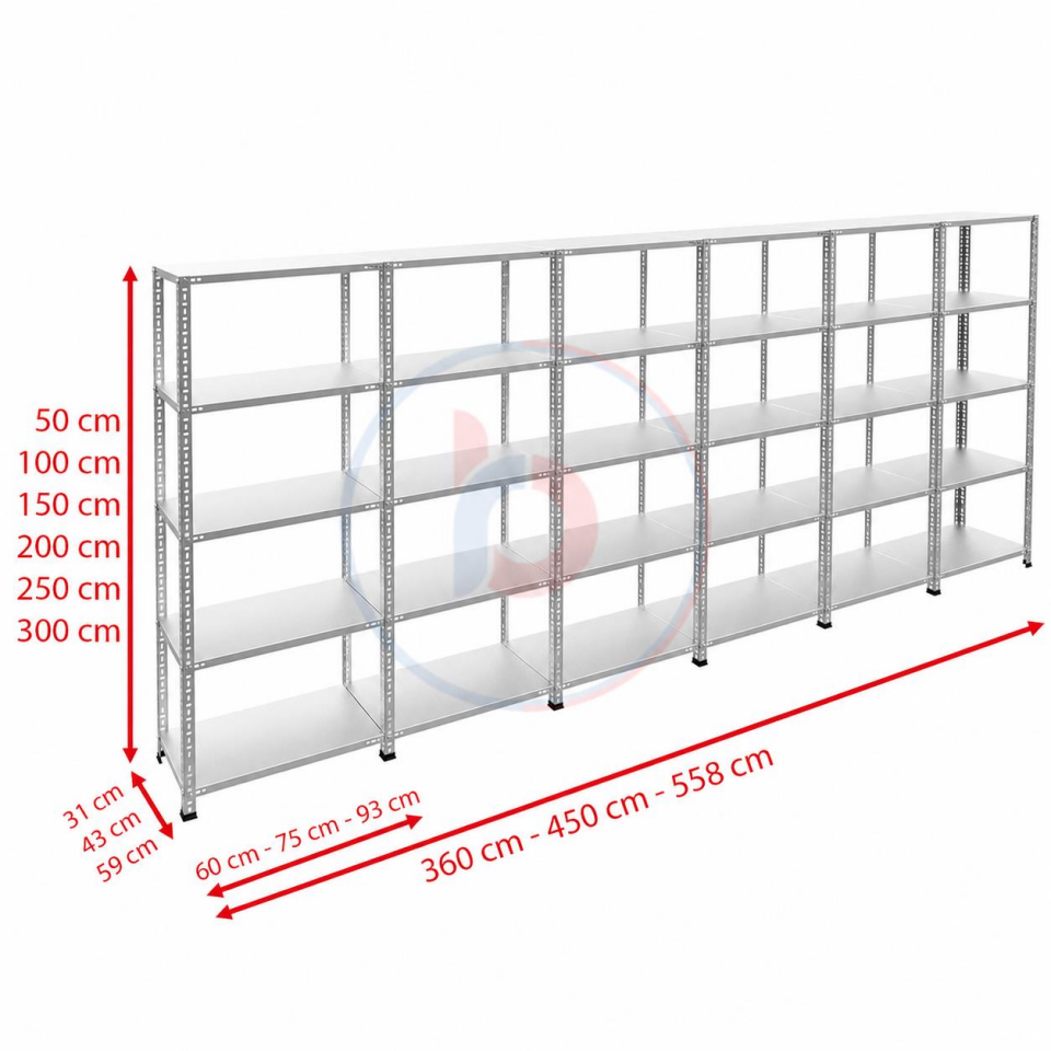 5 Katlı 6'lı Galvaniz Çelik Raf - Depo, Arşiv, Kiler, Dosya, Market Rafı