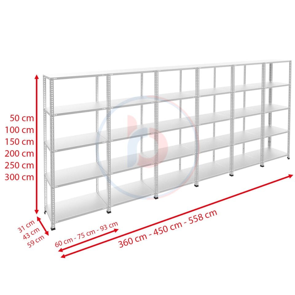 5 Katlı 6'lı Bitişik Galvaniz Çelik Raf - Depo, Arşiv, Kiler, Dosya, Market, Bakkal Rafı
