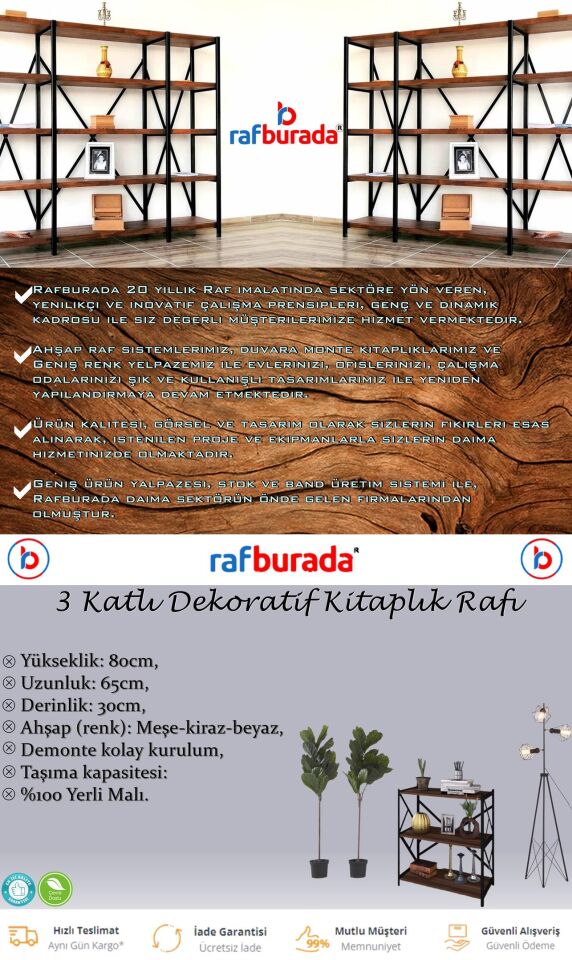 3 Katlı Kitaplık - Ahşap Duvar Rafı, Dekoratif Raf