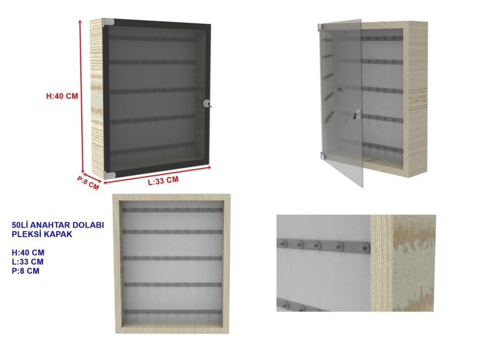 50 Anahtar Kapasiteli Ahşap Anahtar Dolabı - Pleksi Kapak