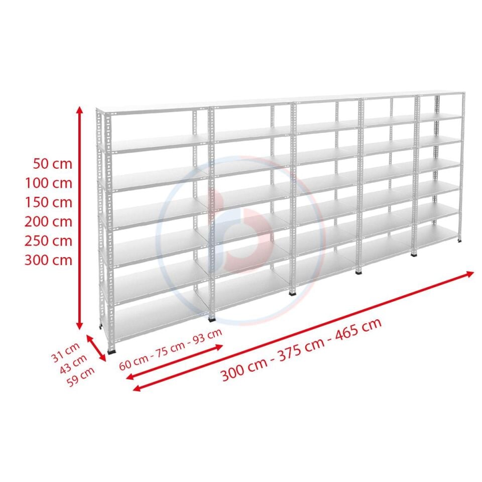 7 Katlı 5'li Galvaniz Çelik Raf - Depo, Arşiv, Kiler, Dosya, Market Rafı