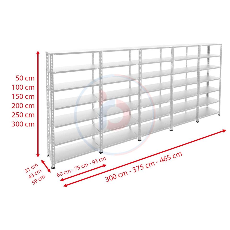 7 Katlı 5'li Galvaniz Çelik Raf - Depo, Arşiv, Kiler, Dosya, Market Rafı