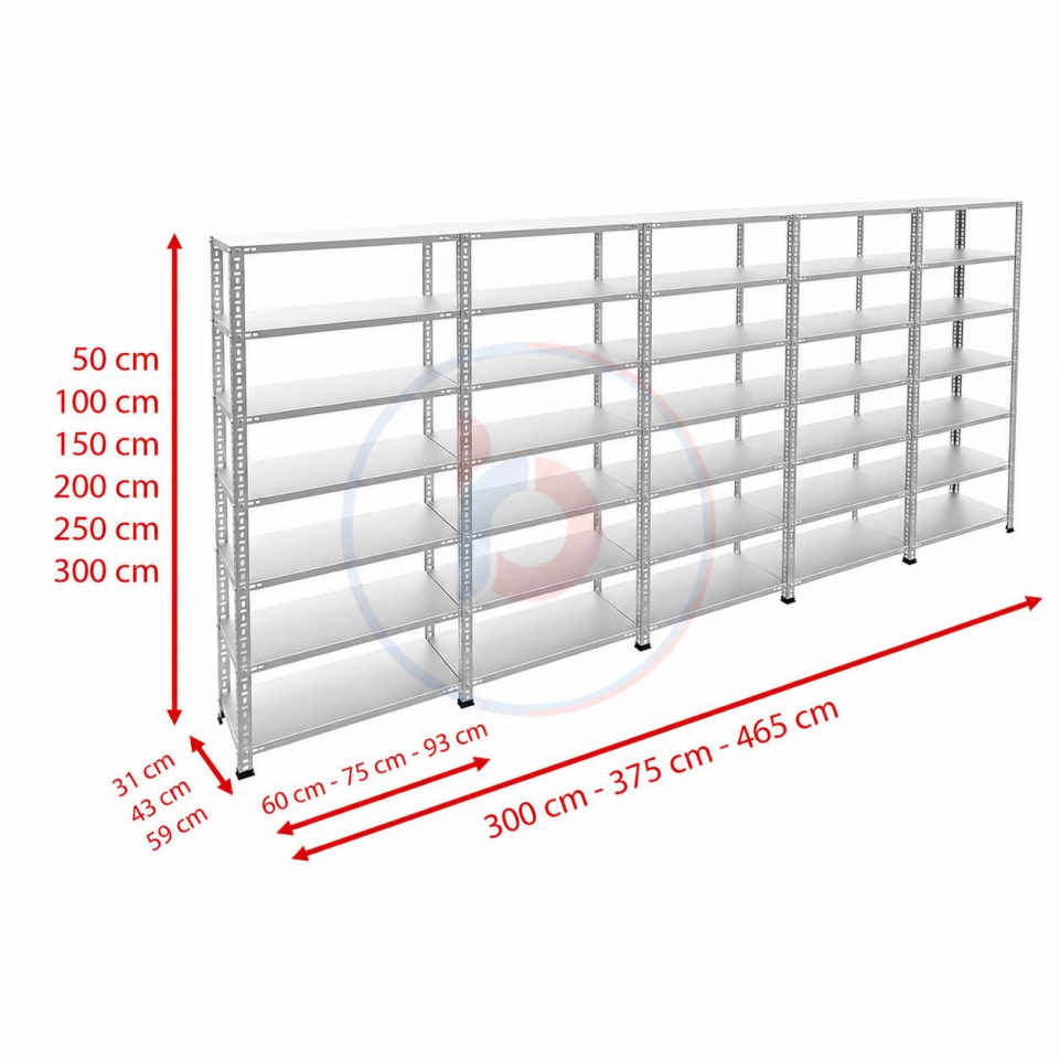 7 Katlı 5'li Galvaniz Çelik Raf - Depo, Arşiv, Kiler, Dosya, Market Rafı