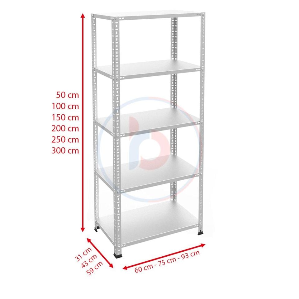 5 Katlı Galvaniz Çelik Raf - Depo, Arşiv, Kiler, Dosya, Market Rafı