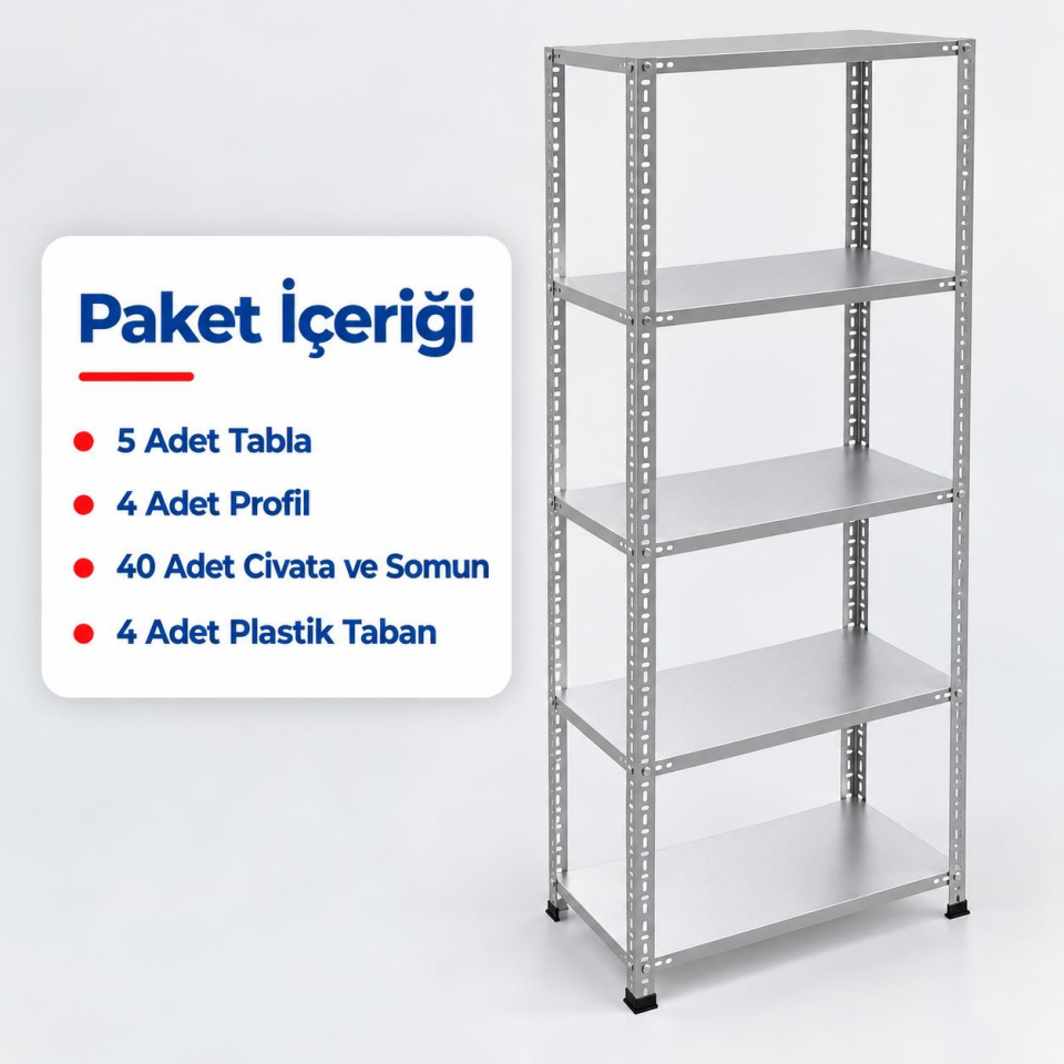 5 Katlı Galvaniz Çelik Raf - Depo, Arşiv, Kiler, Dosya, Market Rafı