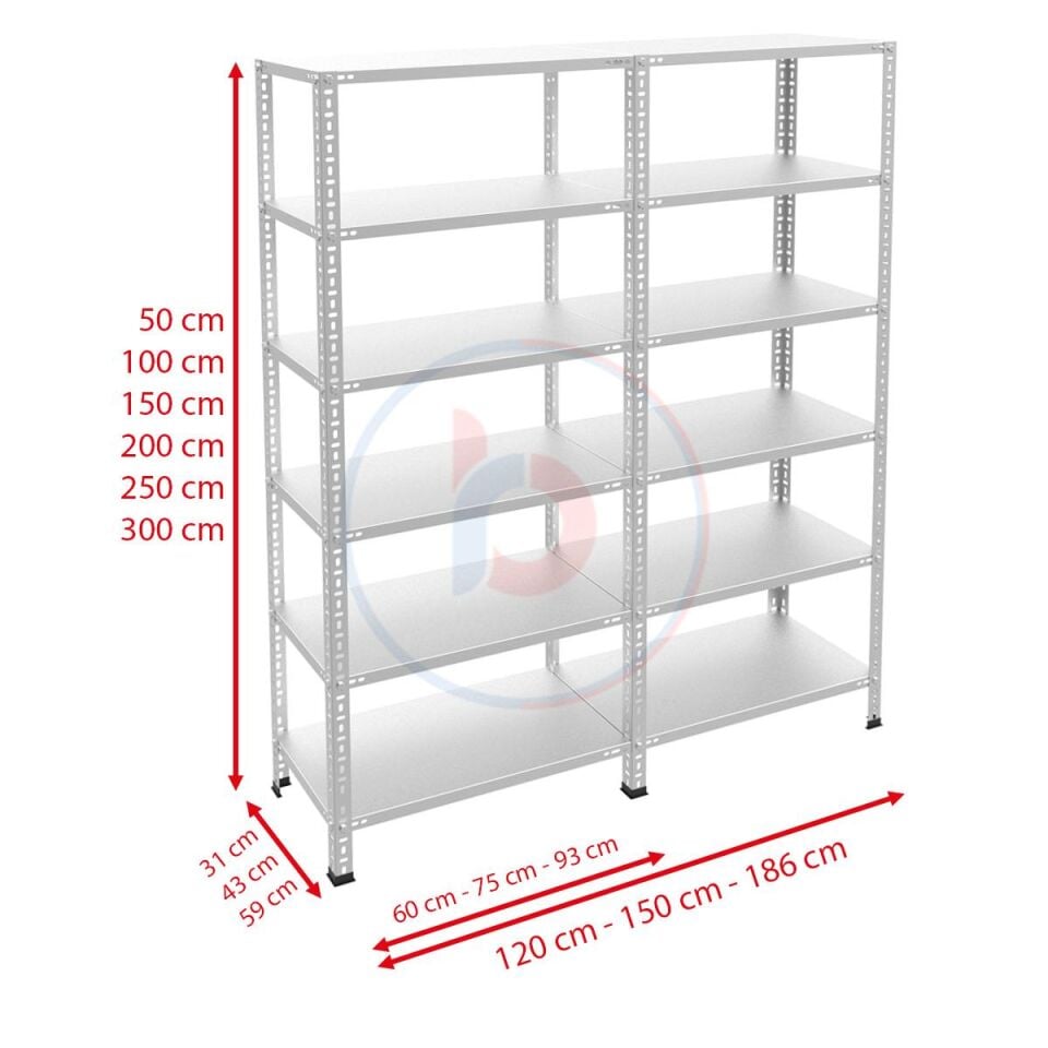 6 Katlı Duble Galvaniz Çelik Raf - Depo, Arşiv, Kiler, Dosya, Market Rafı 31x93 cm - 200 cm - 1.00 mm