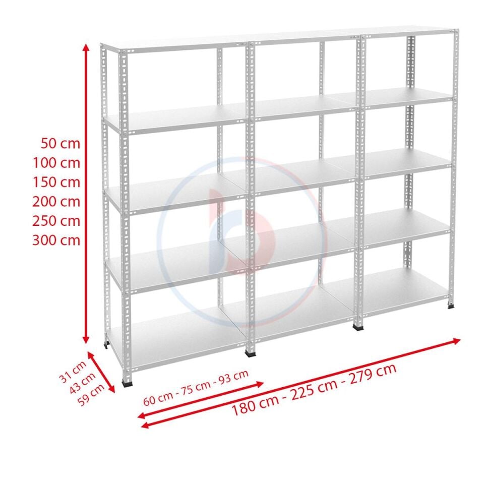5 Katlı 3'lü Galvaniz Çelik Raf - Depo, Arşiv, Kiler, Dosya, Market Rafı
