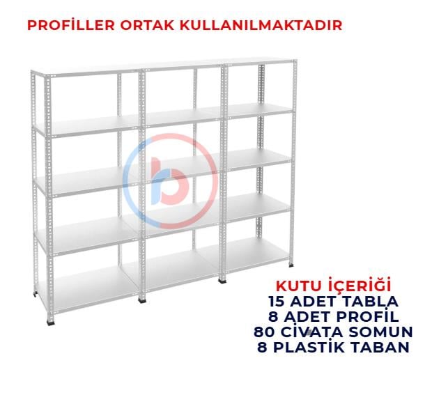 5 Katlı 3'lü Galvaniz Çelik Raf - Depo, Arşiv, Kiler, Dosya, Market Rafı