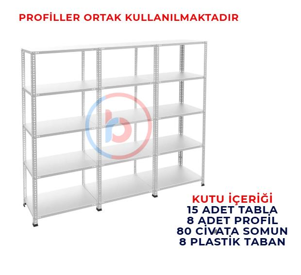 5 Katlı 3'lü Galvaniz Çelik Raf - Depo, Arşiv, Kiler, Dosya, Market Rafı