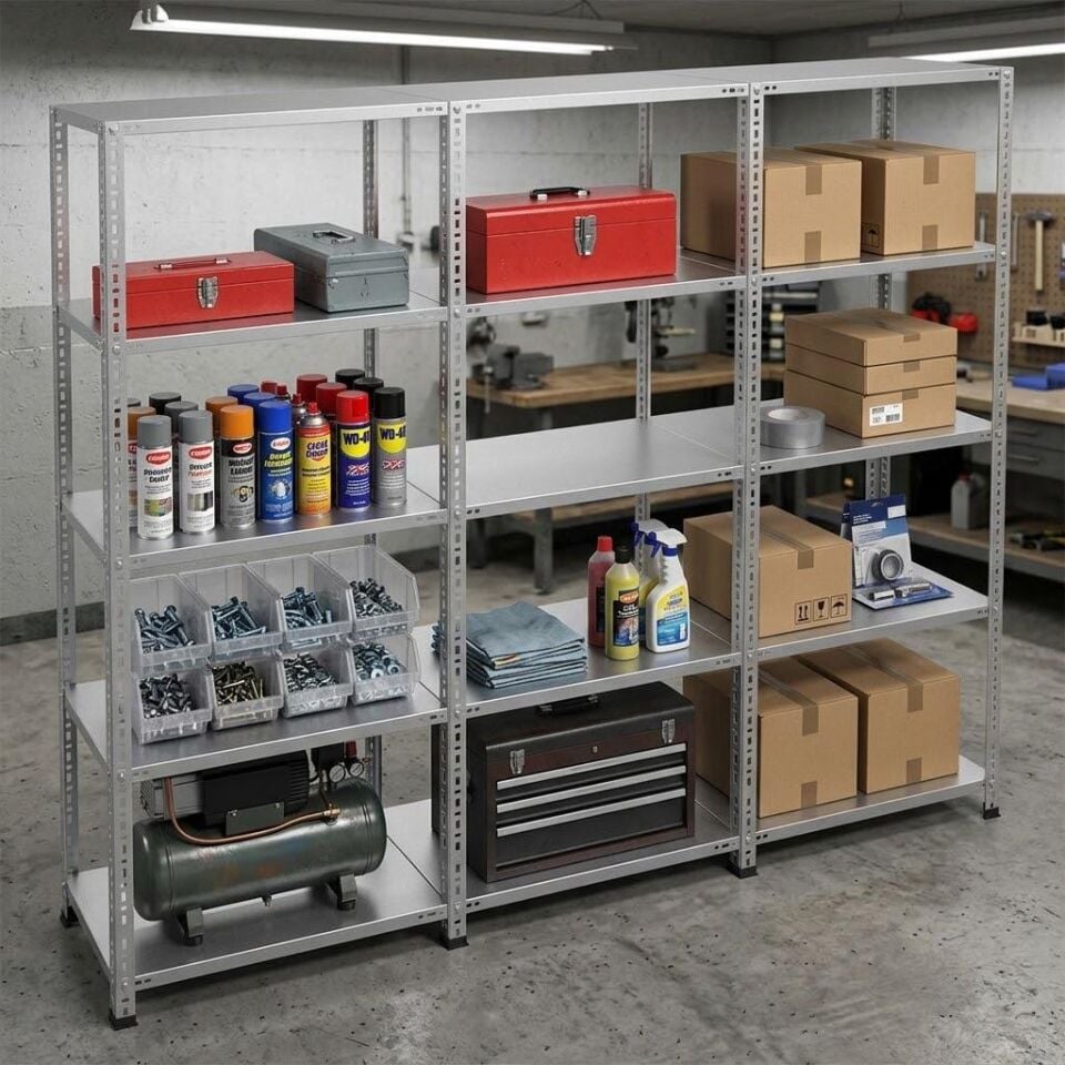 5 Katlı 3'lü Galvaniz Çelik Raf - Depo, Arşiv, Kiler, Dosya, Market Rafı