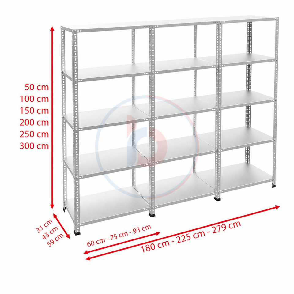 5 Katlı 3'lü Galvaniz Çelik Raf - Depo, Arşiv, Kiler, Dosya, Market Rafı