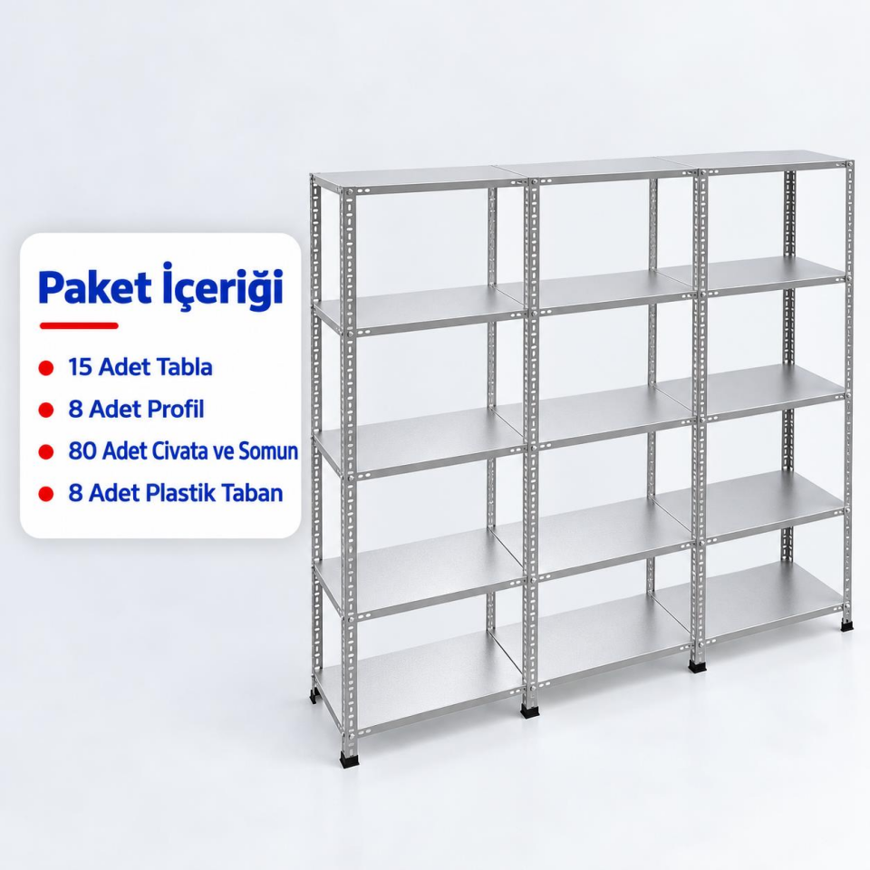 5 Katlı 3'lü Galvaniz Çelik Raf - Depo, Arşiv, Kiler, Dosya, Market Rafı