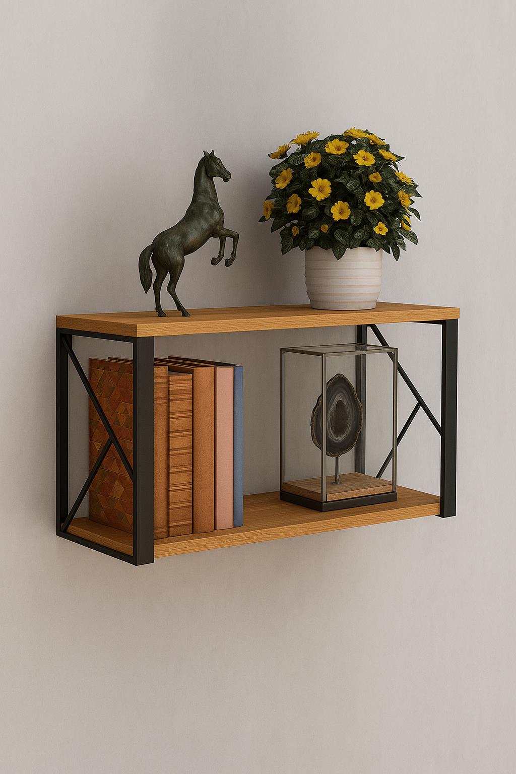 Dekoratif Meşe Ahşap Raf - 2 Katlı C Raf, - 2 Katlı, C Raf, Ahşap Duvar Rafı - 20x60 cm