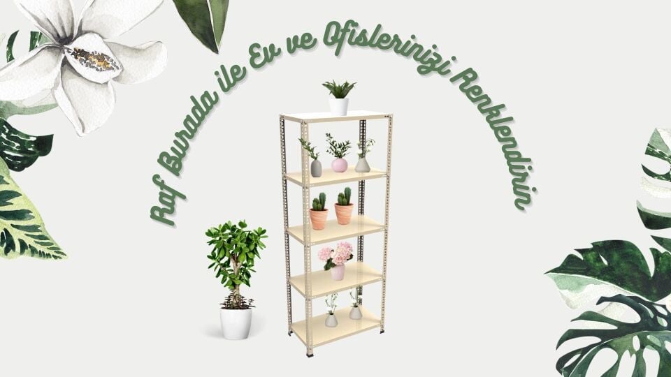 5 Katlı Beyaz Renk Çelik Raf - Çiçeklik Rafı, Ofis Rafı