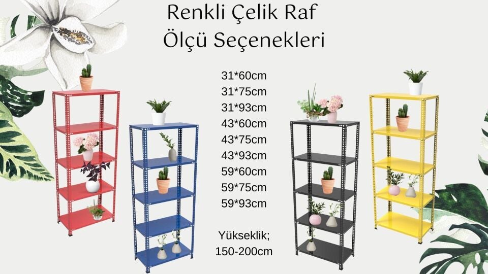 5 Katlı Beyaz Renk Çelik Raf - Çiçeklik Rafı, Ofis Rafı