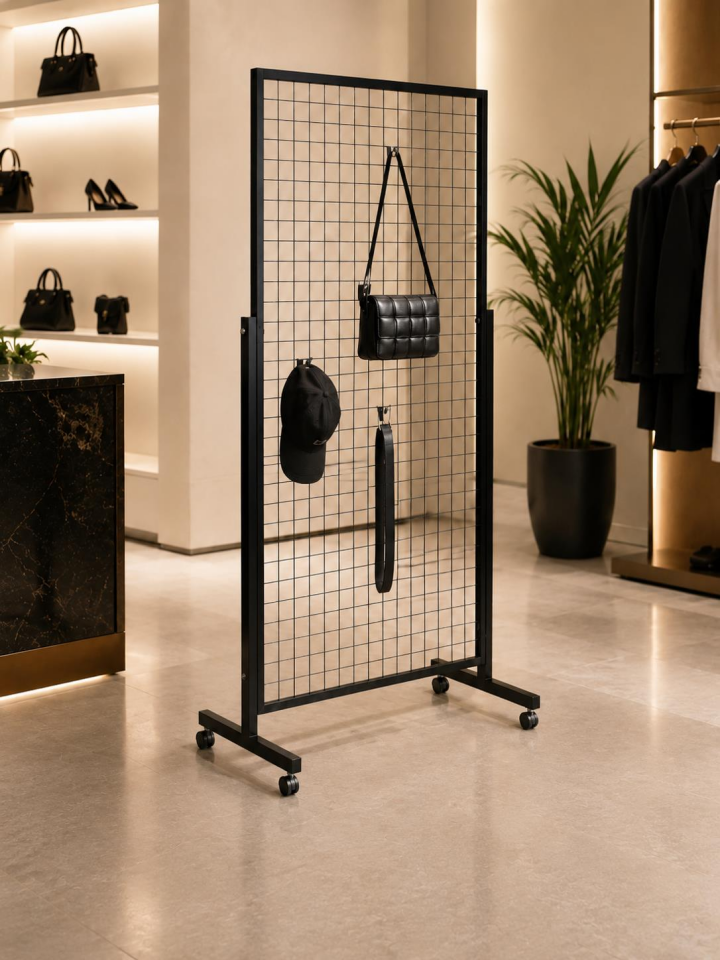 Tekerlekli Sık Telli Tel Raf - Tel Pano Stand, Duvar Askılığı