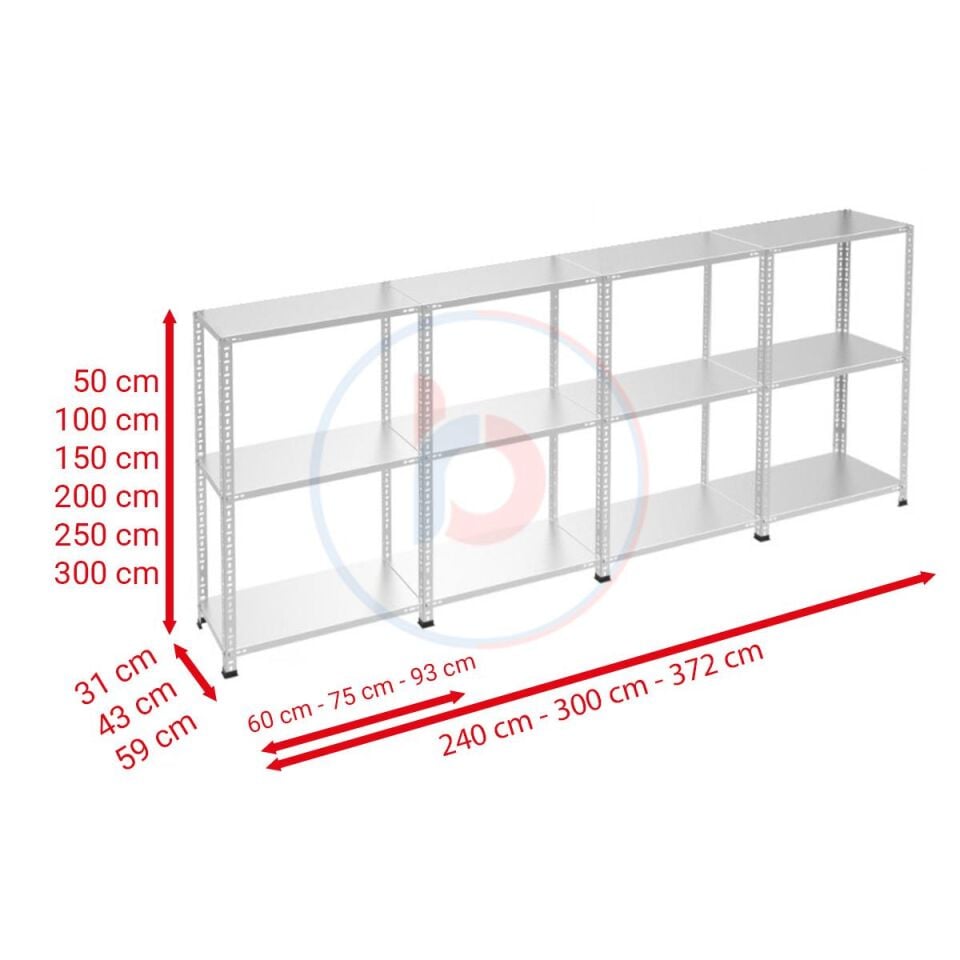 3 Katlı 4'lü Galvaniz Çelik Raf - Depo, Arşiv, Kiler, Dosya, Market Rafı